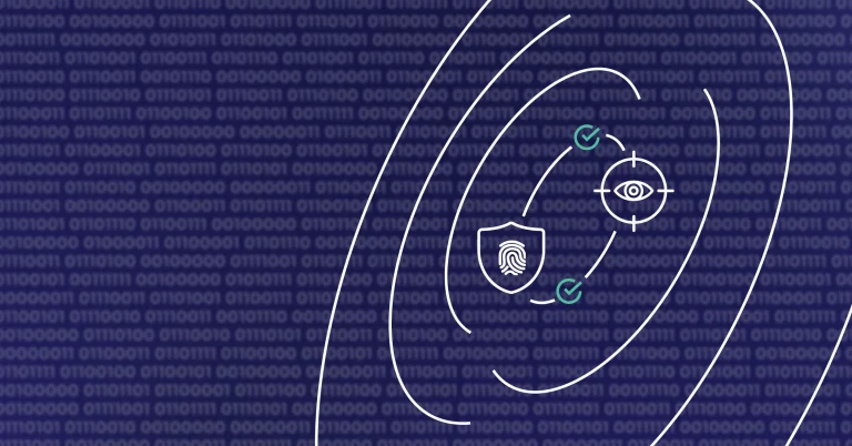 Binary code in the background with icons representing integrity and code verification connected with each other.