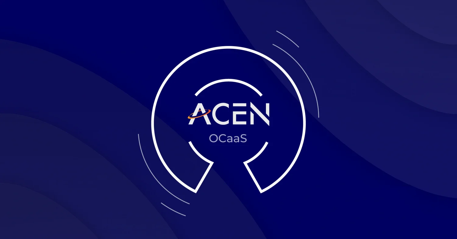 Dark blue background with the ACEN logo with 'OCaaS' underneath, with an open-source icon wrapped around.