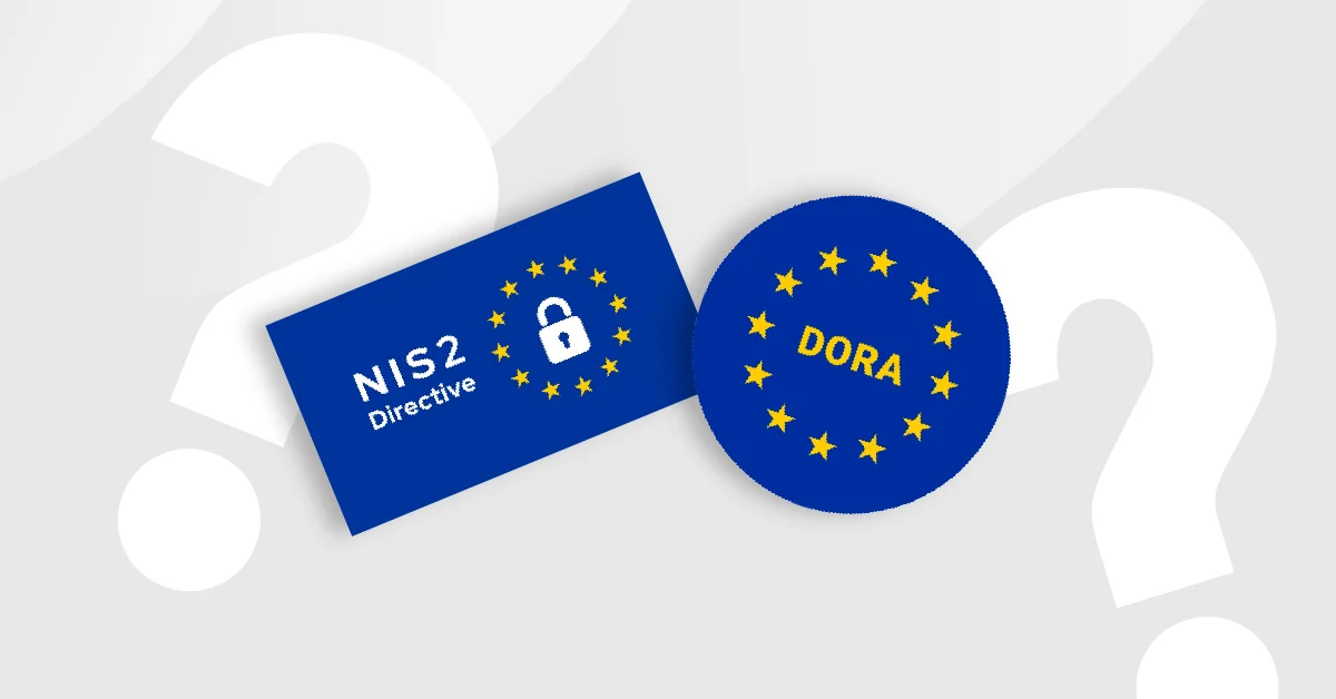 DORA and NIS2 logo's floating with question marks against a lightgrey background.