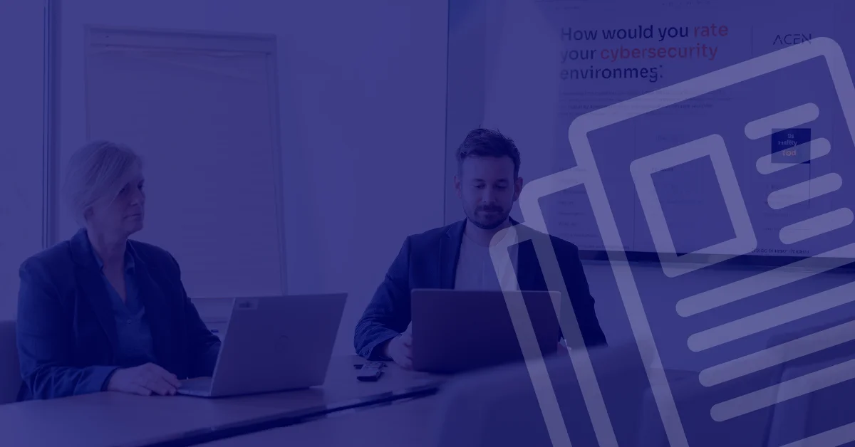 ACEN feature in 'de Tijd'. Image of the Advisory team in a meeting room with a darkblue overlay and a newspaper icon on top.