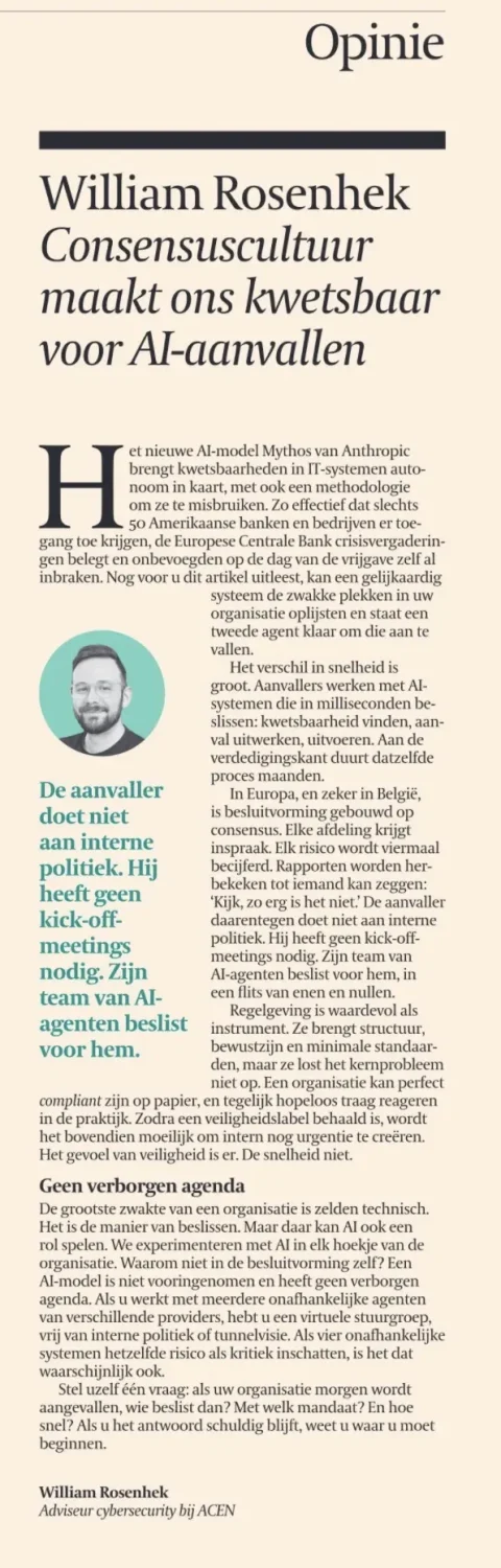 Image of the newspaper article of De Tijd_William Rosenhek.