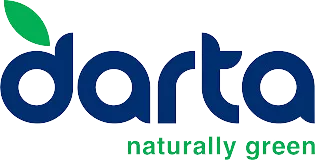Darkblue typographic logo of Darta, bright green leaf on top of the 'D' and the slogan 'naturally green' underneath.